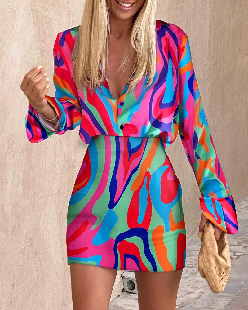 

Женский костюм из юбки и рубашки с высокой талией, комплект из 2 предметов, рубашка с длинным рукавом и пуговицами и юбка с абстрактным принт...