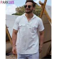 double pocket white hooded linen shirt men 2022 summer short sleeve lace up beach shirts mens lightweight breathable top blouse