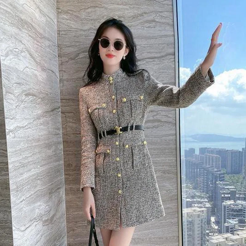 

Runway French Spring Fall 2022 Fashion Sweet Women's Single-Breasted Long Sleeve Tweed Mini Dresses Office Work Vesitdos