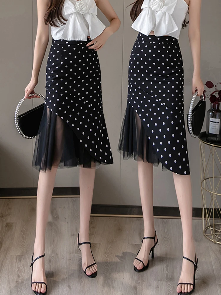

2022 Spring Summer New Irregular Mesh Polka Dot Skirt Women's Clothing High Waist Fishtail A-line hip Skirts bd138