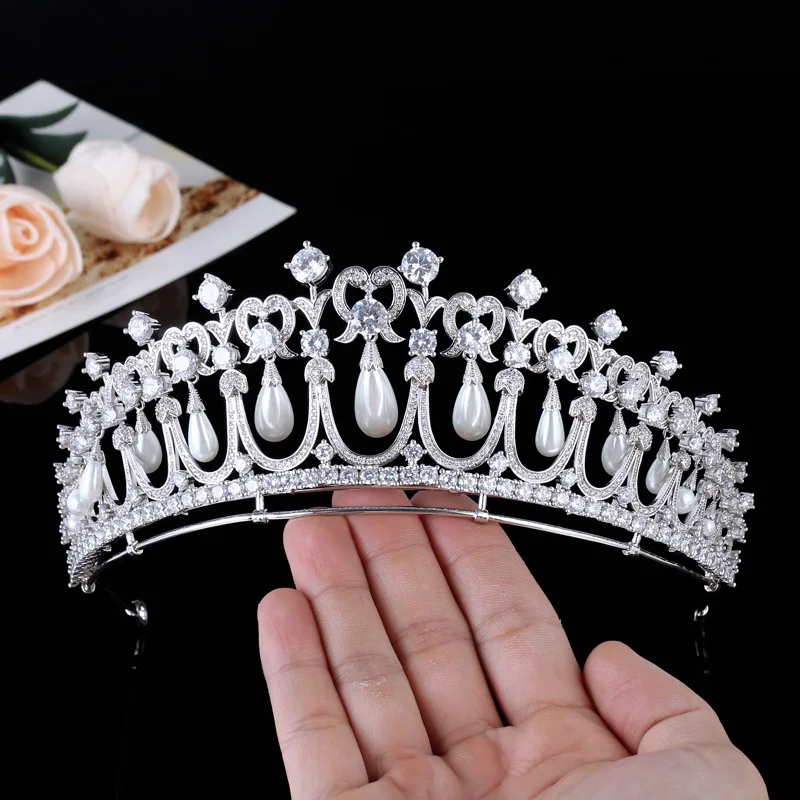 

Cubic Zirconia Dangle Pearl Royal Princess Diana Tiaras and Crowns for Women Quinceanera Pageant Headpiece Bridal Hair Jewelry