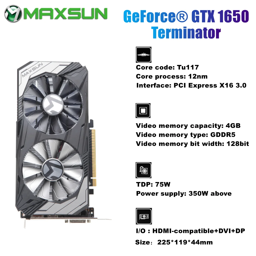 Maxsun GeForce GTX1650 Terminator 4G видеокарта Nvidia GDDR5 128 бит GPU для ПК DP DVI | Компьютеры и офис