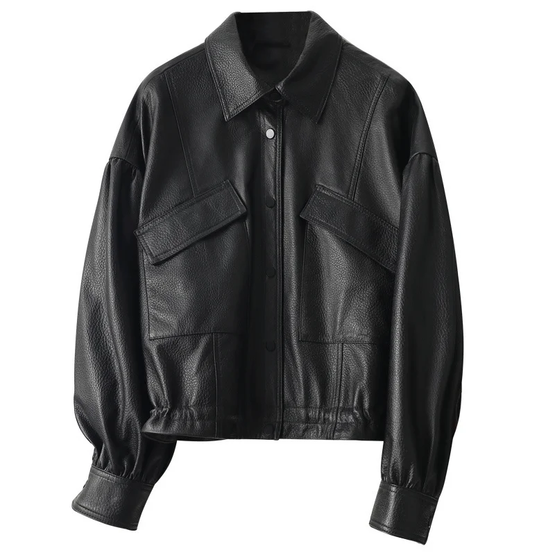 Кожаная куртка женская черная из натуральной кожи короткое пальто овечьей шкуры