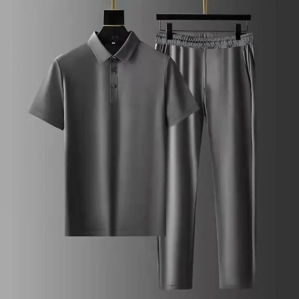 

2 Pcs/Set Formal Summer Shirt Pants Set Solid Color Daily Wear Breathable Turn-down Collar Men Summer Outfit