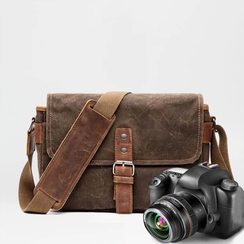 

Men's Messenger Bag Waterproof SLR Camera Bag With Lens Compartment Vintage Crossbody Bags Waxed Canvas Shoulder Bag