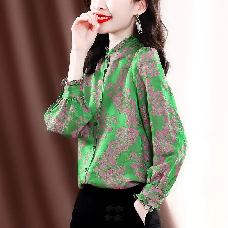 

Satin printed shirt women's 2022 spring new fashion long-sleeved fungus edge printing top women's vintage Button