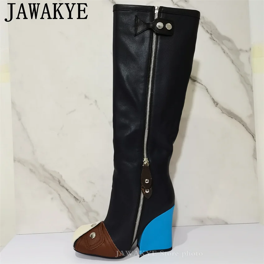 

New Fashion Knee high Punk Boots for Woman Square toe Wedges heel Chelsea Long Boots Winter Luxury Brand Runway Boots feminine