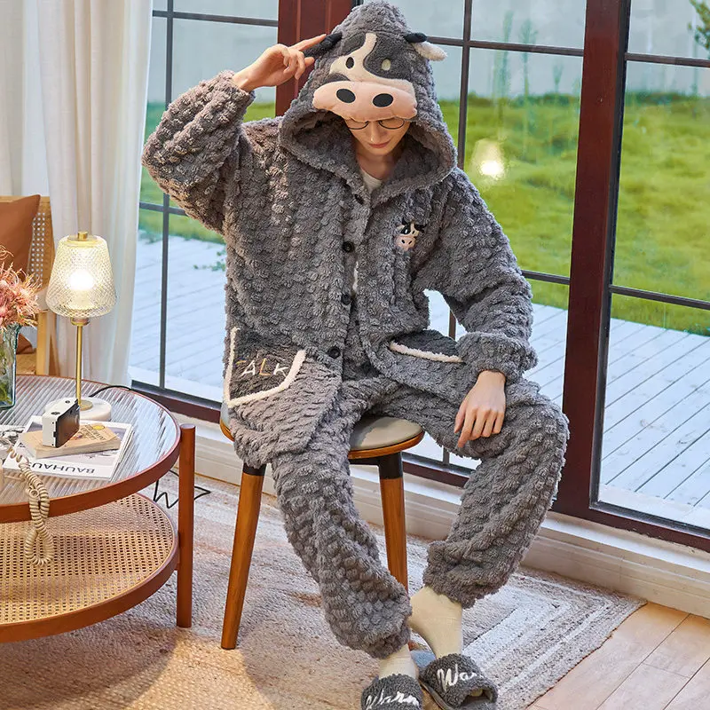 FUNISHI Men Sleepwear Plus Size 4XL Winter Pajamas Flannel Loose Version Pullover Nightgown Coral Fleece Inspissate Pajama Set