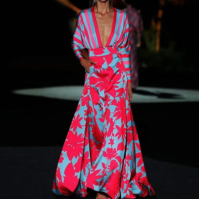 

Spring 2023 Deep V-neck Slim Waist Maxi Dress Women Elegant Print Boho Pleated A-Line Dress Sexy Long Sleeve Long Draped Dress