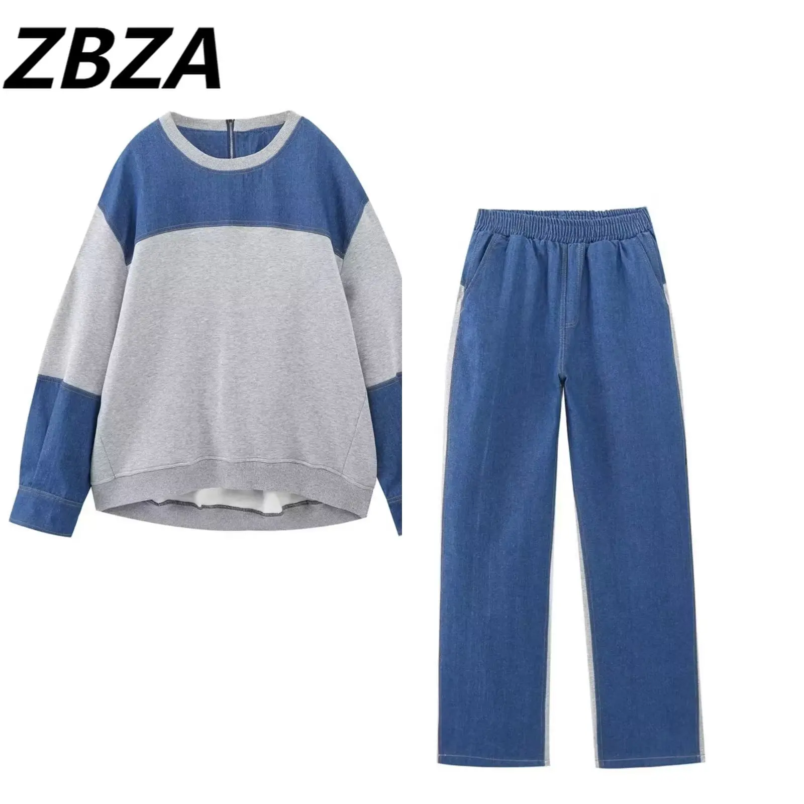 

ZBZA Women 2023 New Fashion cowboy splicing Sweatshirts Vintage O Neck Long Sleeve Female Pullovers Chic Tops