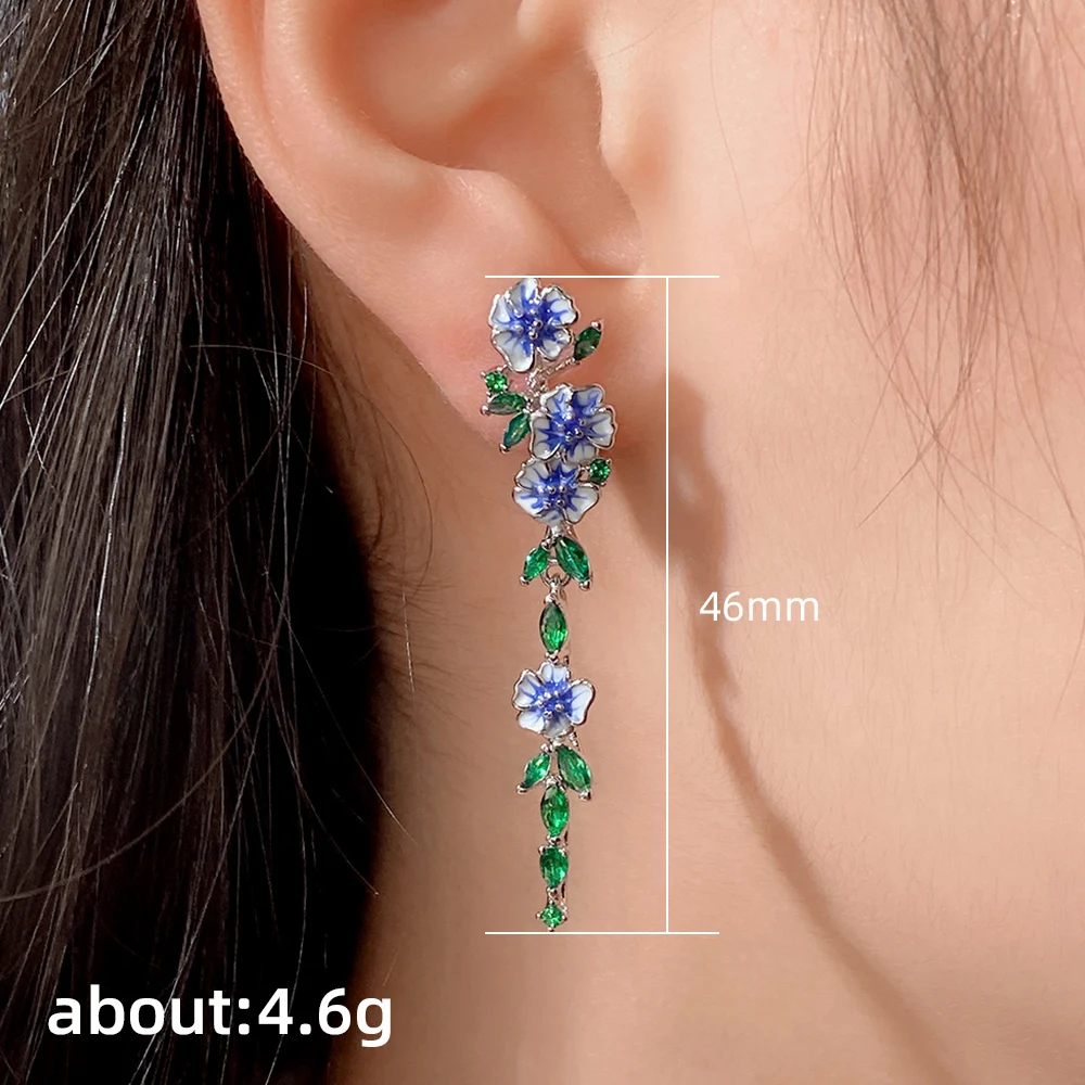 Huitan Vintage Enamel Flower Dangle Earrings Women Temperament Blue Trumpet Flower Long Earrings Wedding Party Aesthetic Jewelry images - 6