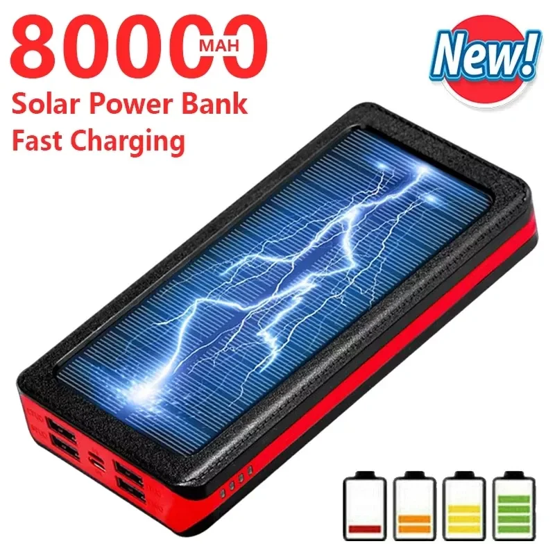 

NEW2023 80000mAh Solar Powerbank Fast Charger Portable with LED Light 4 USB Ports External Battery Suitable mi Iphone13