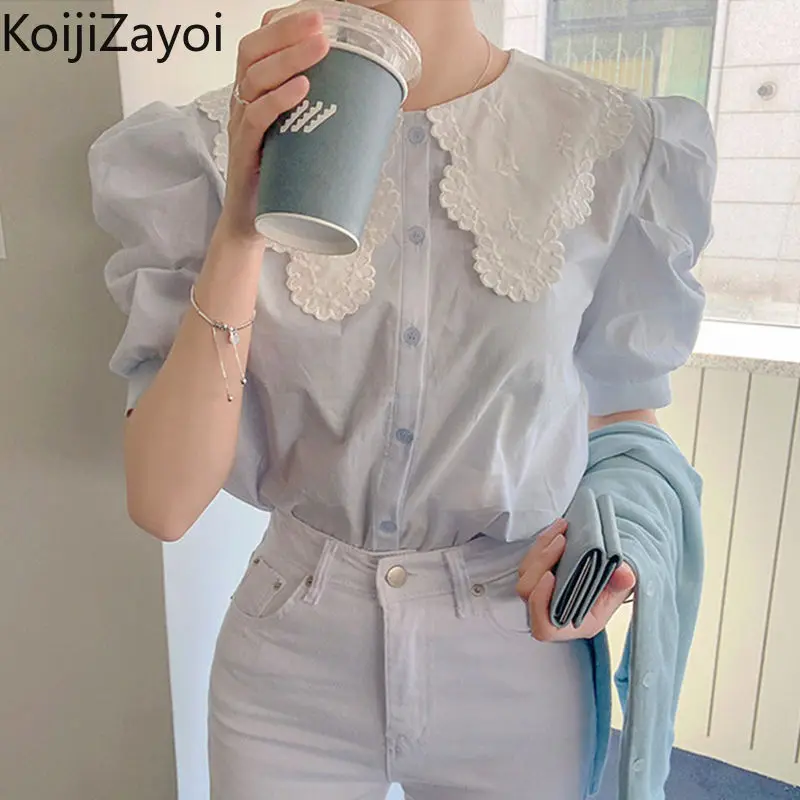 

Koijizayoi Peter Pan Collar Women Chic Shirt Puff Short Sleeves Blouse Solid Fashion OL Korean Blusas 2022 New Outwear Tops