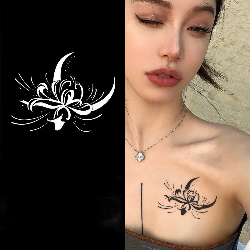 

2022 New Sexy Equinox Flower and Crescent Moon Waterproof Juice Tattoo Stickers for Woman Man Body Arm Thigh Temporary Tattoos