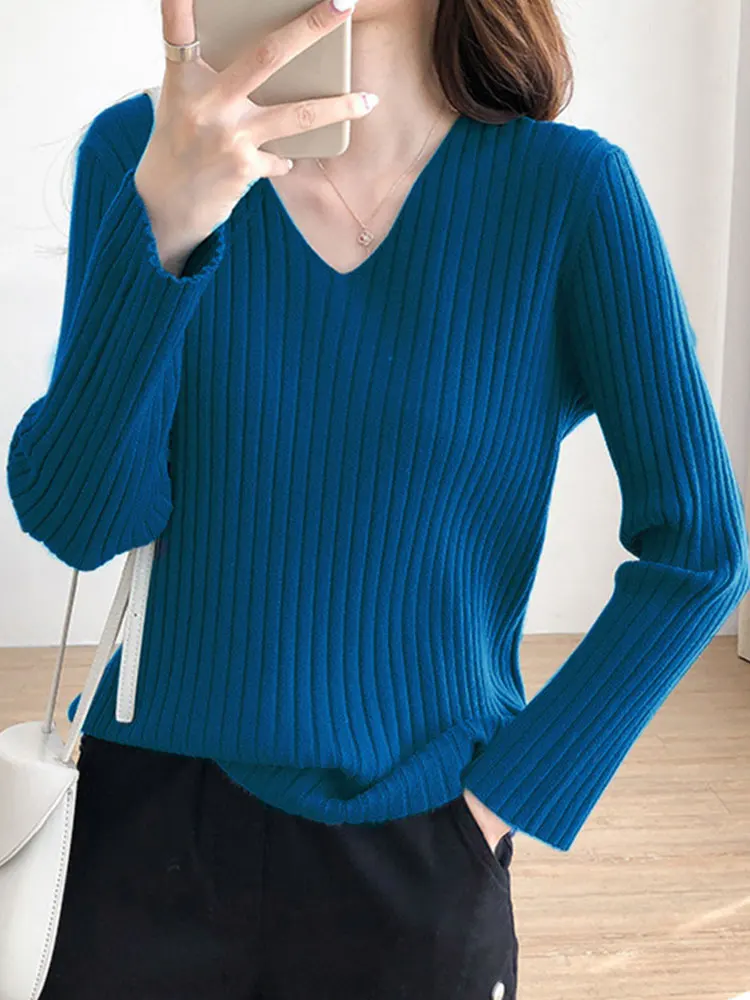 

Basic Knitted Pullover Sweater Women V Neck Long Sleeve Top Casual Knit Pull Femme Hiver Autumn Winter Solid Slim Woman Sweaters