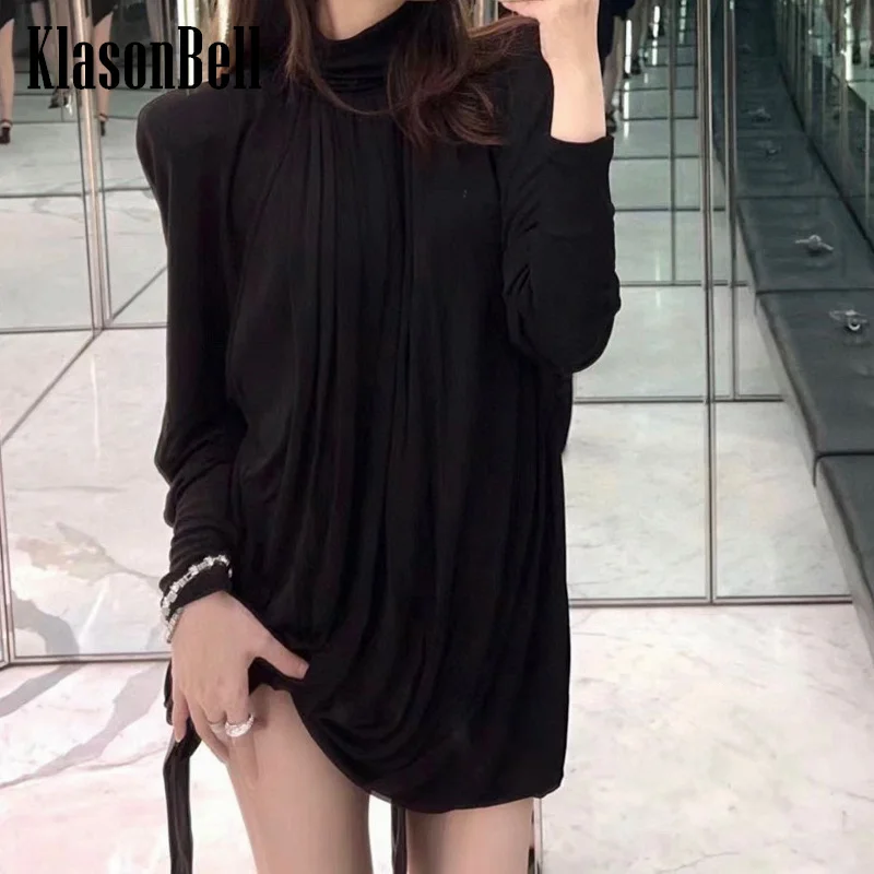 

10.30 KlasonBell Women's Temperament Elegant Hem Lace-up Bow Design Black Turtleneck Pleated Shoulder Pads Mini Dress