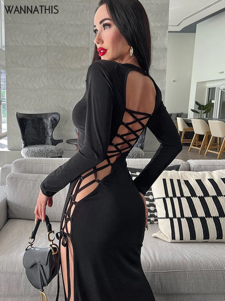 

WannaThis Hollow Out Backless Ankle Dress Women High Split Sexy Y2K Evening Long Sleeve Clubwear Bodycon Fashion Party Dress