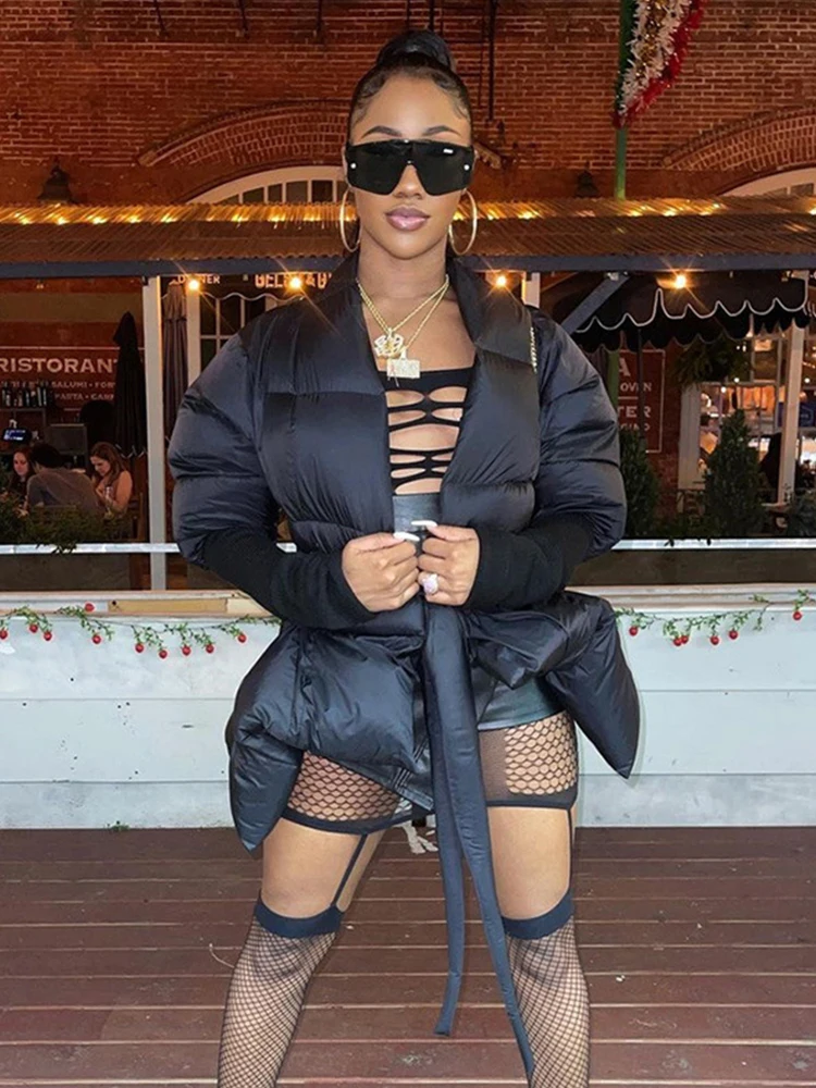 

HOUZHOU Black Thicken Puffer Jackets Women Tops Irregular Bandage Button Coats Cardigan Female Patchwork Winter Streetwear