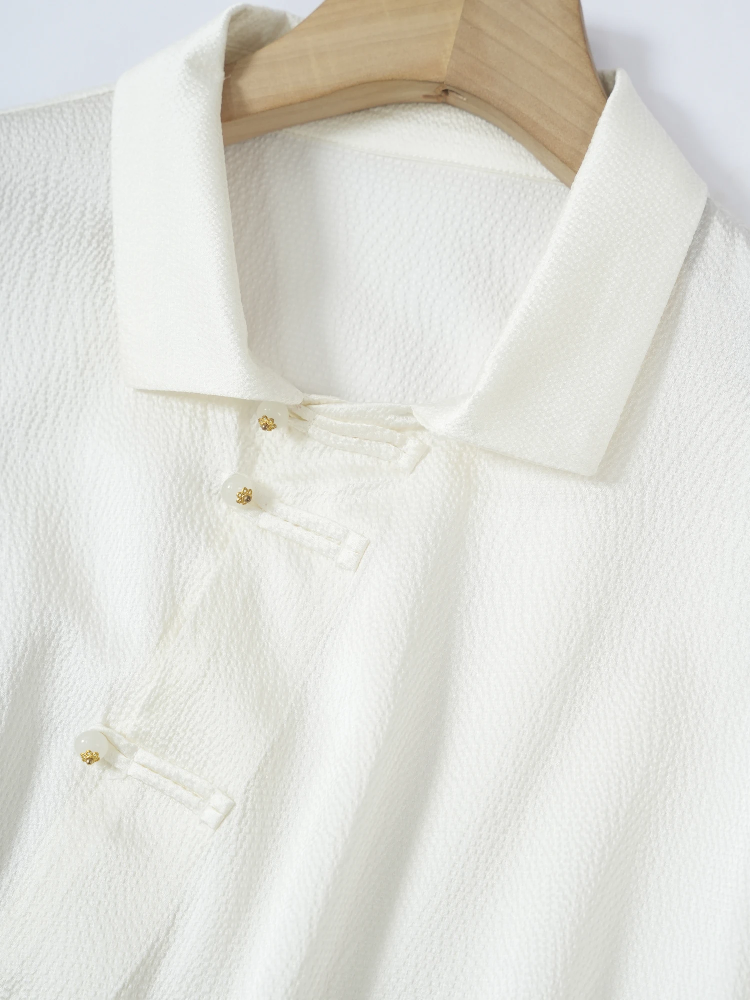 Fashion New Chinese Sle National White Pearl Segment Shirts Retro Oblique Plate Buckle Loose Silk Long sleeve Top Wom...