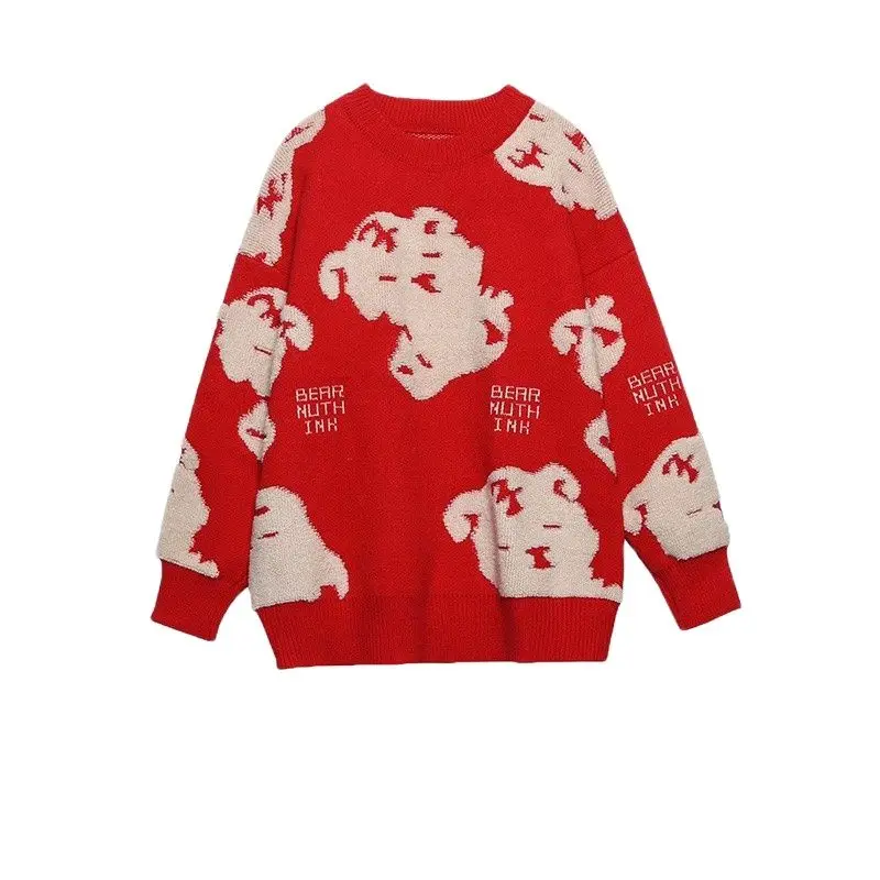 

Bmissingyou Red Cartoon Print Knitted Sweater Pullover Crew Neck ins Top 2023 Street Casual Loose Ladies Fashion Sweaters