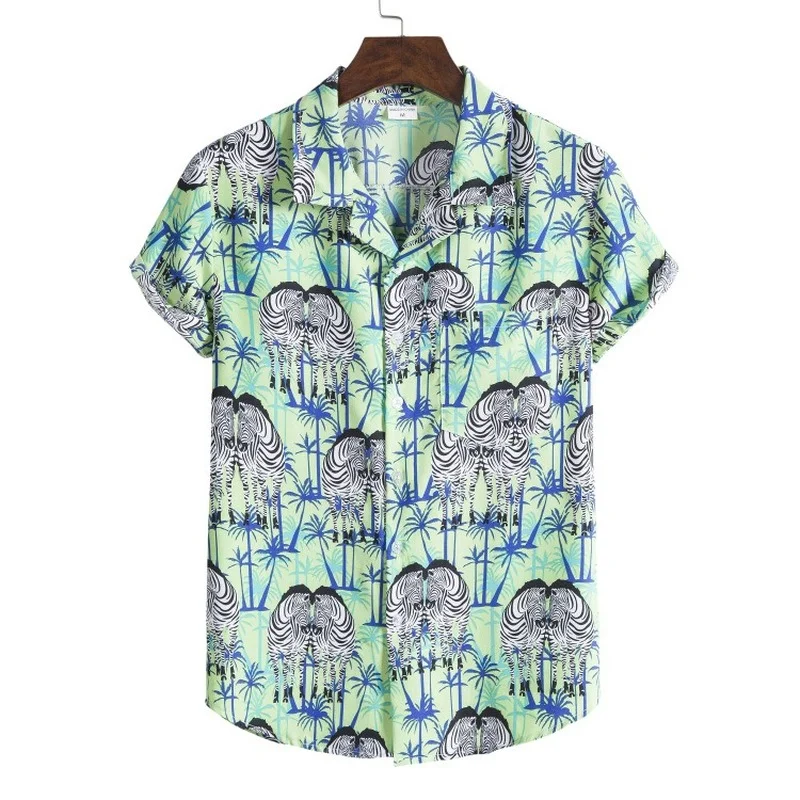 2022 Summer Hawaiian Shirt Loose Retro Shirt Fashion Hawaii Hemd Coconut Tree Pattern Short Sleeve Men Shirt Men Clothing