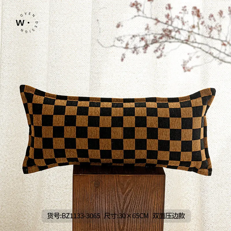 Фото Чехол для поясничной подушки в стиле Mid-Century Modern, 30x65 см, в клетку с бахромой, коричневый, ретро-чехол для подушки с узором «гусиная лапка» №3