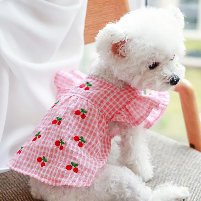 Spring Summer Pink Dog Dress Cute Clothes Pet Clothing Puppy Skirt For Small Breeds Dogs Cats Yorkshire Chihuahua Cherry Dresses