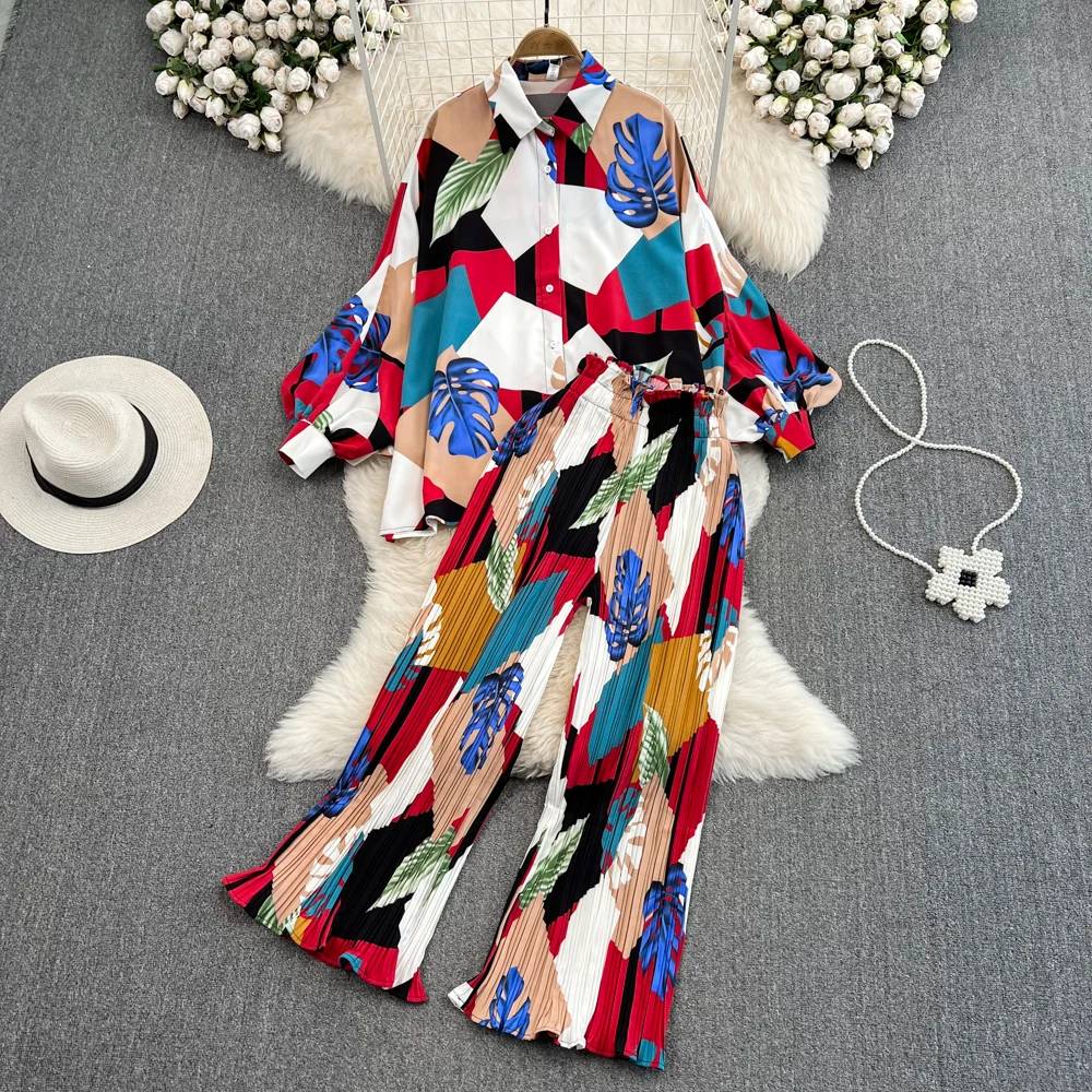 

Beach Style Y2K Printed Pant Sets Women Boho Lantern Sleeve Single Breasted Loose Long Top + High Waist Pleated Wide Leg Pants