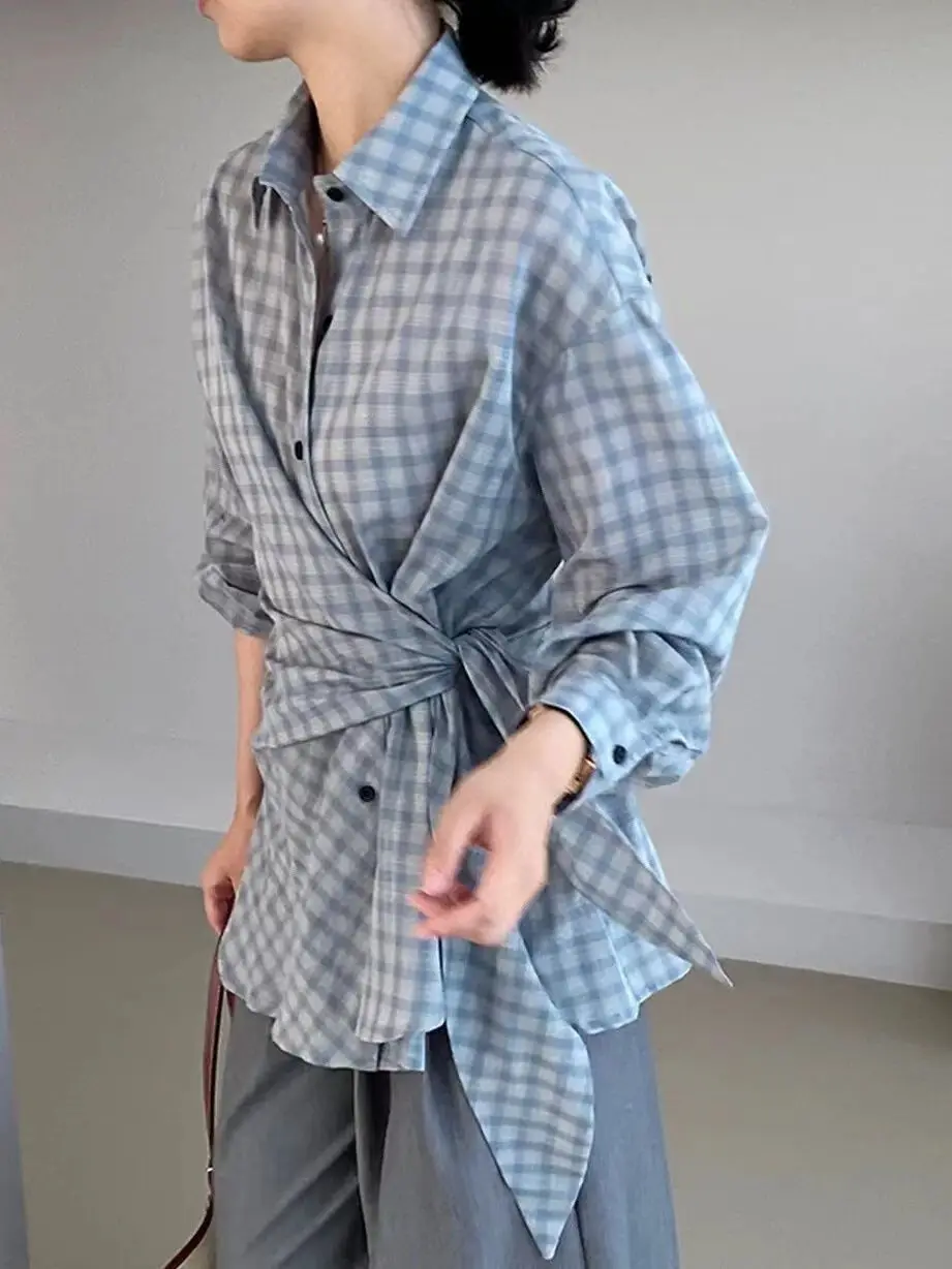 Дизайнерская рубашка в клетку с длинными рукавами стиле ретро затягивающая