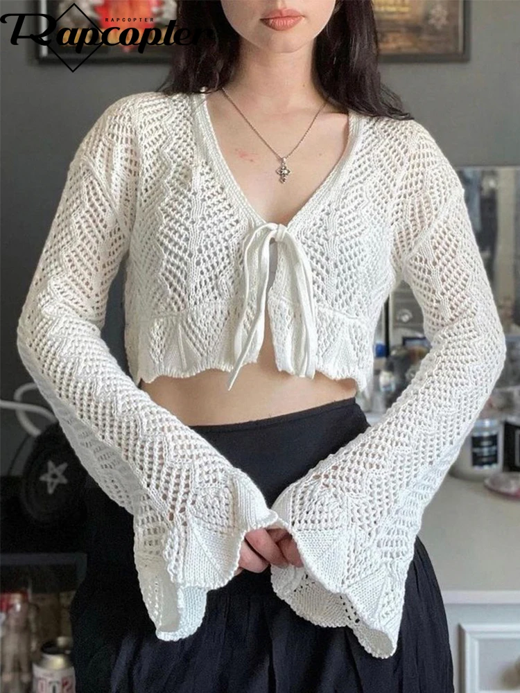 Rapcopter Y2K White Knitted Crop Top Tie Up Ruffles Flare Full Sleeve Cardigans Retro Cute Crochet Top Women V Neck Knitted Tee