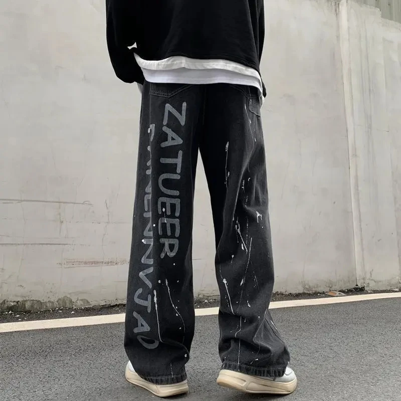 American Street Clothing Retro Trend Pocket Jeans Female Letter Star Print High Waist Casual Oversized Straight Pants Unisex