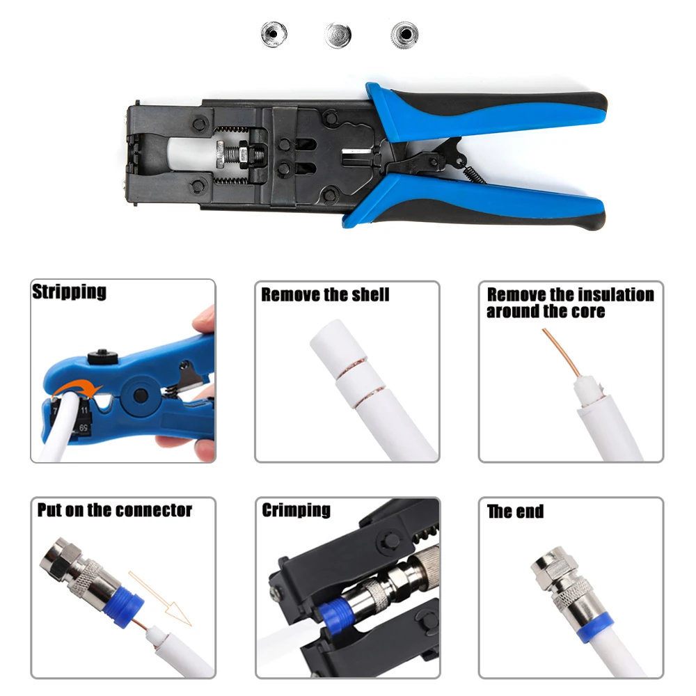 Комплект для обжима компрессионных коннекторов, регулируемый кримпер для коаксиального кабеля RG59 RG6 F BNC RCA с 10PCS on.