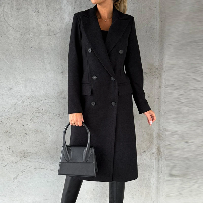 

New Fashion Thick Long Sleeve Cardigan Outerwear Winter Solid Lapel Double-breasted Overcoat Elegant Casual Simple Woolen Jacket