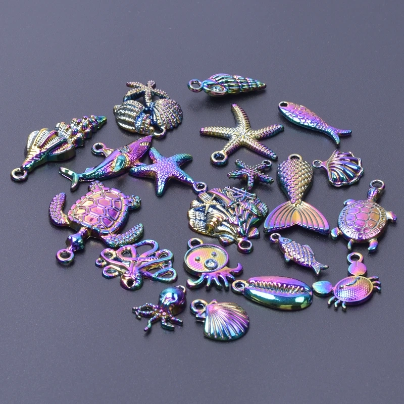 

20pcs/Set Fashion Alloy Fishtail Conch Shark Turtle Shell Octopus Turtle Crab Rainbow Color Pendant Charms For Making Crafts