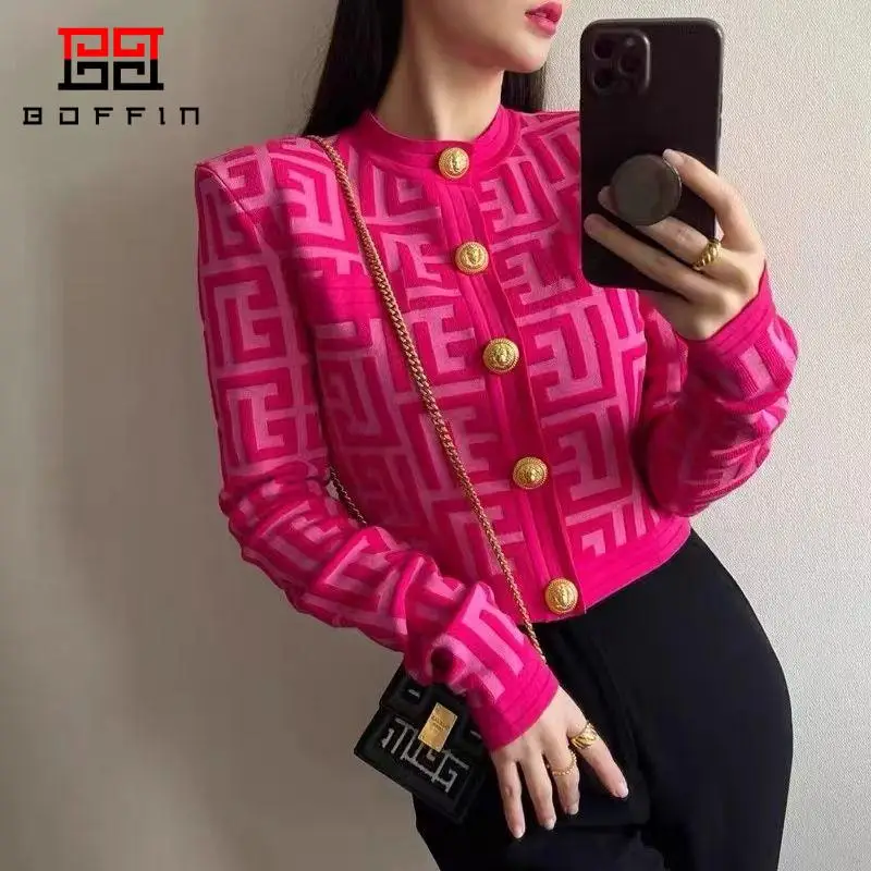 

BOFFIN Women Knitted Cardigan Sweater Coat Pink Striped Button Vintage Cardigans 2023 Women's Autumn Winter Casual Jumper Tops