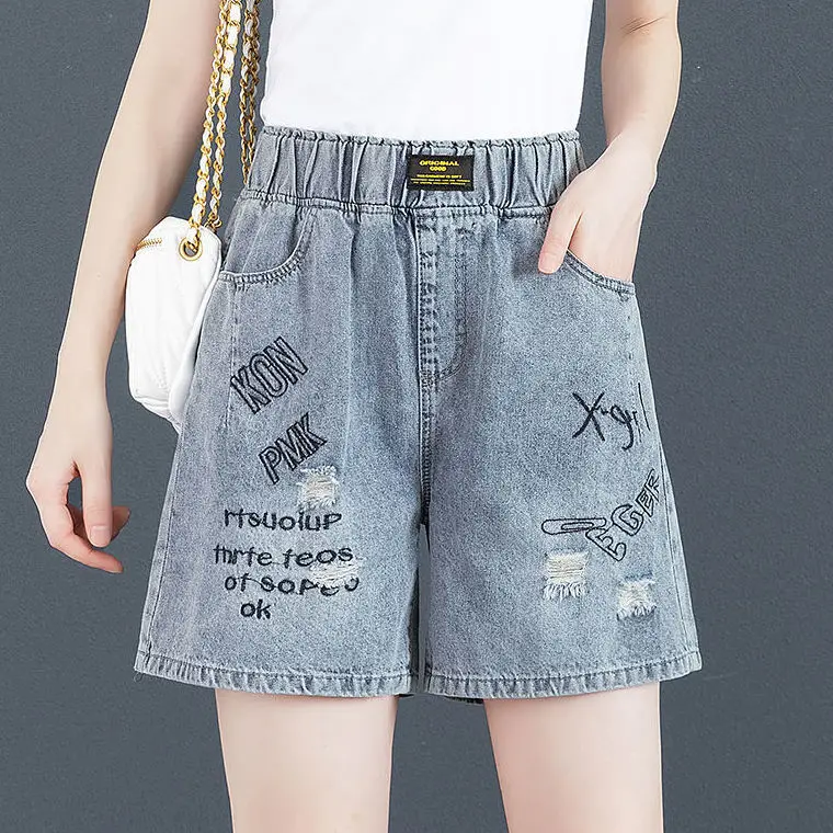 2022 summer thin hole denim shorts women