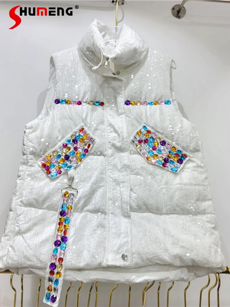 

Korean Style Fashion Stand Collar Diamond Down Cotton-Padded Vest for Women 2023 Autumn Winter New Sequins Black Vest Jackets