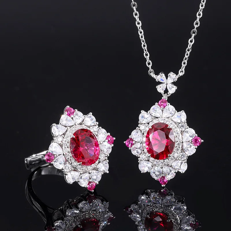 

Tiktok Hot S925 Silver Red Corundum Versatile Fashion Simple Women's Popular Jewelry Set Main Stone 8 * 10