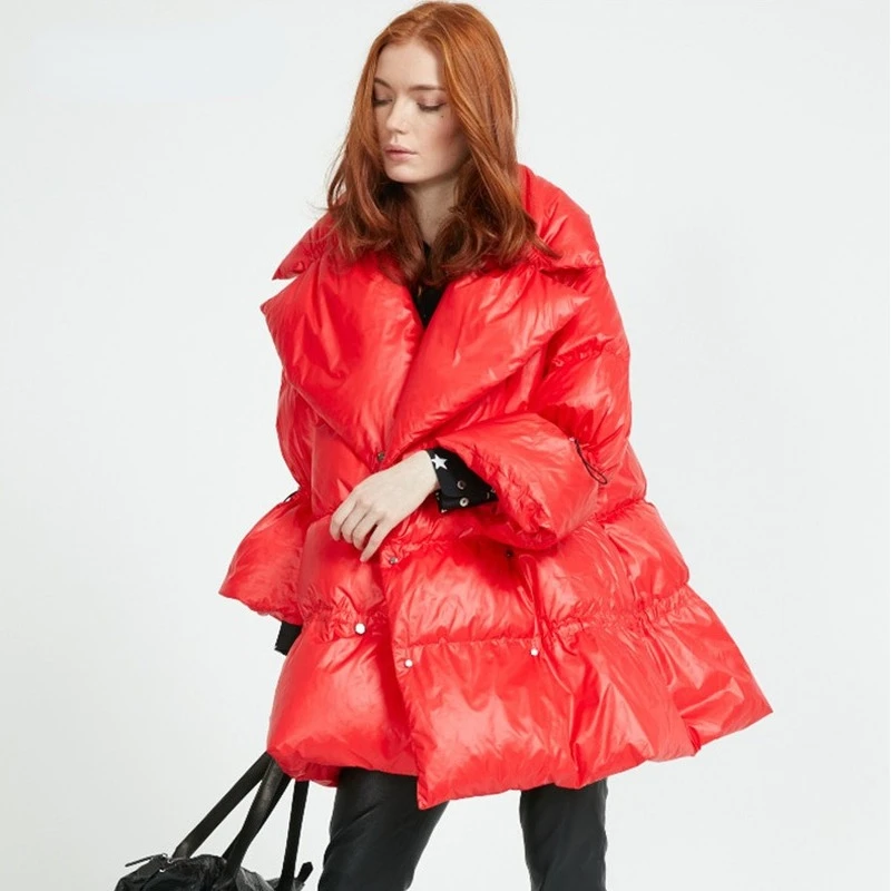 New Down Jacket Women Bright Mid-length Suit Stand-up Collar White Duck Down Thickened and Warm Outwear