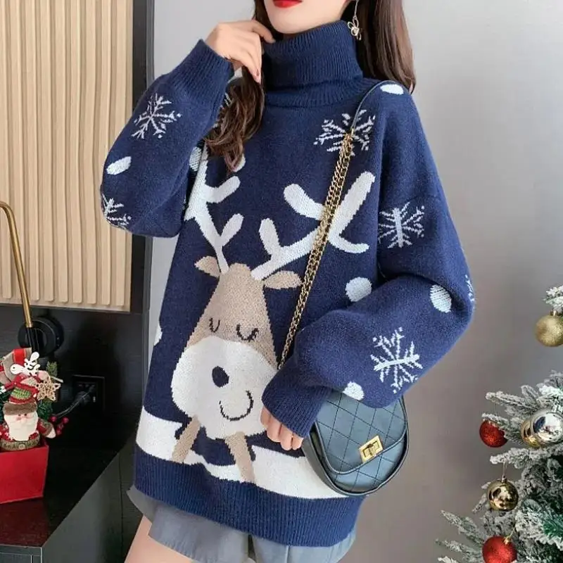 

Women's Christmas sika deer pullover sweater loose sweater high collar casual girl embroidery kawaii small fur deer sweater coat