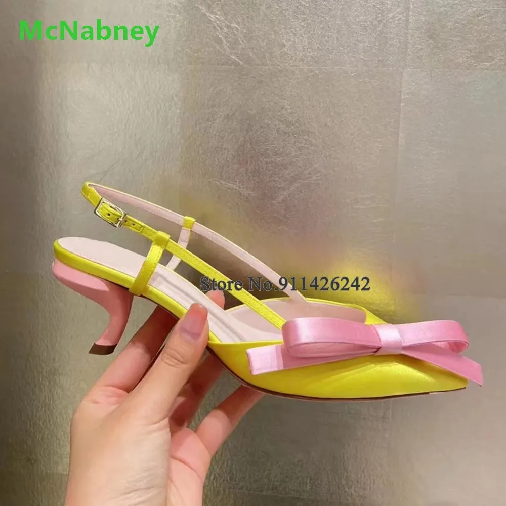 Yellow Silks And Satins Pink Butterfly-knot Pumps For Female Women 2023 New Slingback Buckle Strap Pointed Toe Kitten Heel Shoes