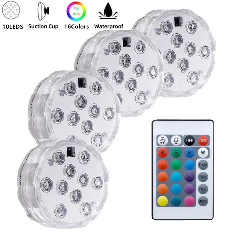 

10 Led Remote Controlled RGB Submersible Light Battery Operated Underwater Night Light Outdoor Vase Bowl Garden Party Decoration