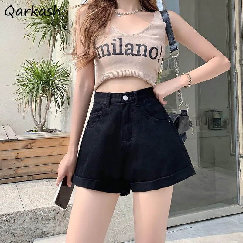 

Wide Leg Denim Shorts Cuffs Ins All-match Streetwear Harajuku High Waist College Stylish Korean Summer New Arrival Шорты Женский
