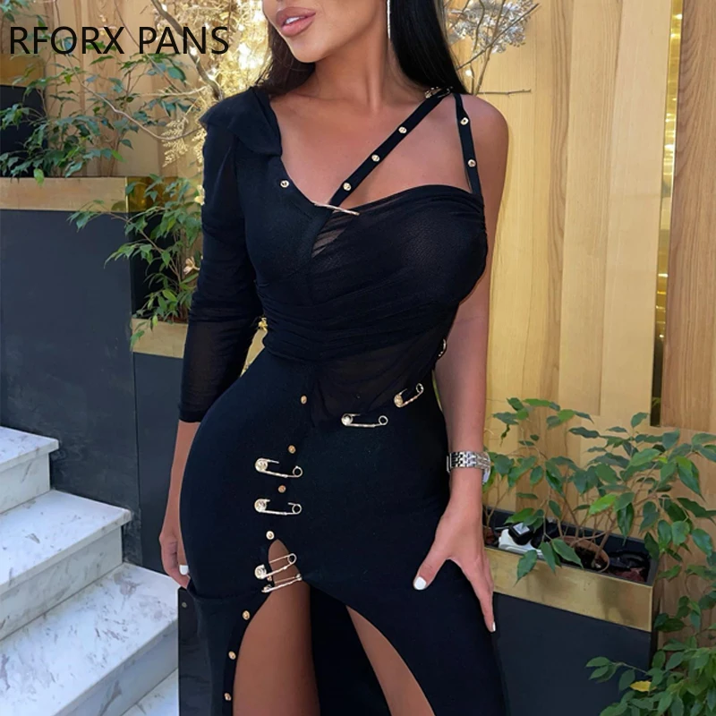 

Women Elegant Solid Sexy Spaghetti Straps Pin and button decoration Bodycon Sexy Maxi Party Dress