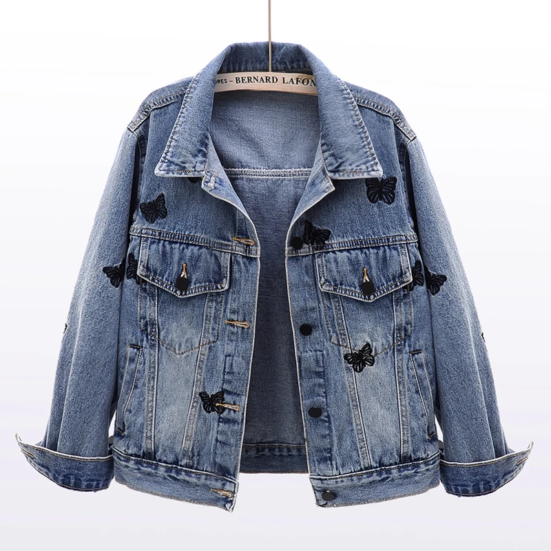 

Vintage Blue Butterfly Embroidery Denim Jacket Coat Women Loose Short Cowboy Outerwear Pocket Long Sleeve Jeans Jackets Female
