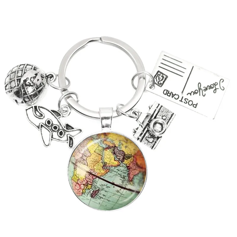 

Брелок с картой мира, путешествие, исследование, стеклянный купол, самолёт, искусство, мужской и женский брелок, ювелирные изделия, подарок
