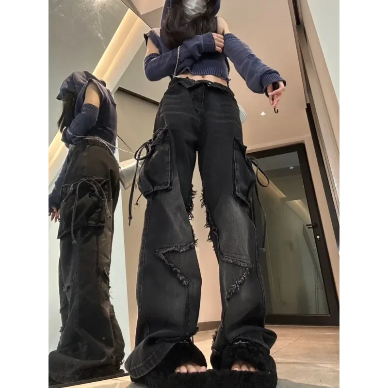Женские черные готические мешковатые джинсы-карго со звездой Harajuku Y2K