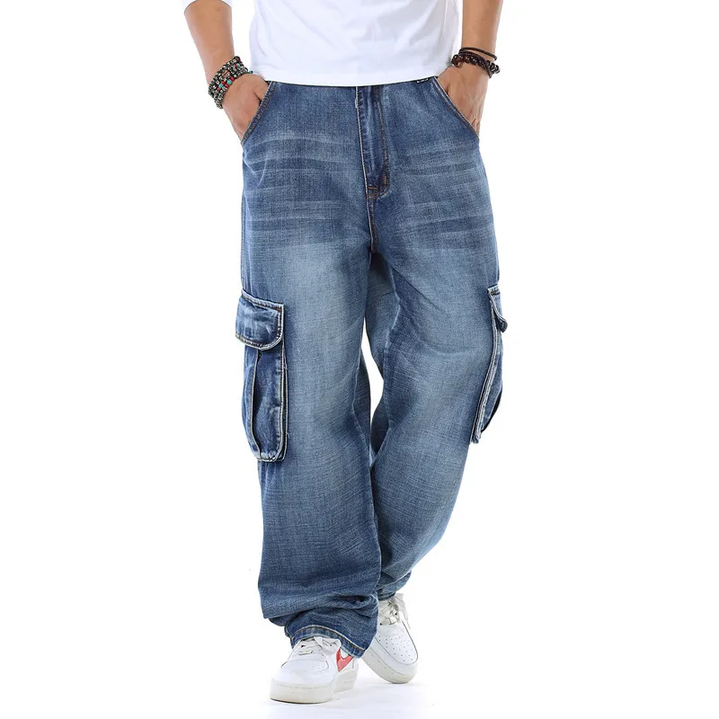Men Cargo Baggy Jeans Pants Straight Loose Denim Trousers For Male Washed Plus Size 30-42 Side Pockets