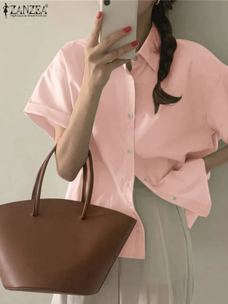 

Повседневная Базовая рубашка ZANZEA в Корейском стиле, женские блузки с коротким рукавом, рабочая одежда на пуговицах, блузка с элегантным отв...