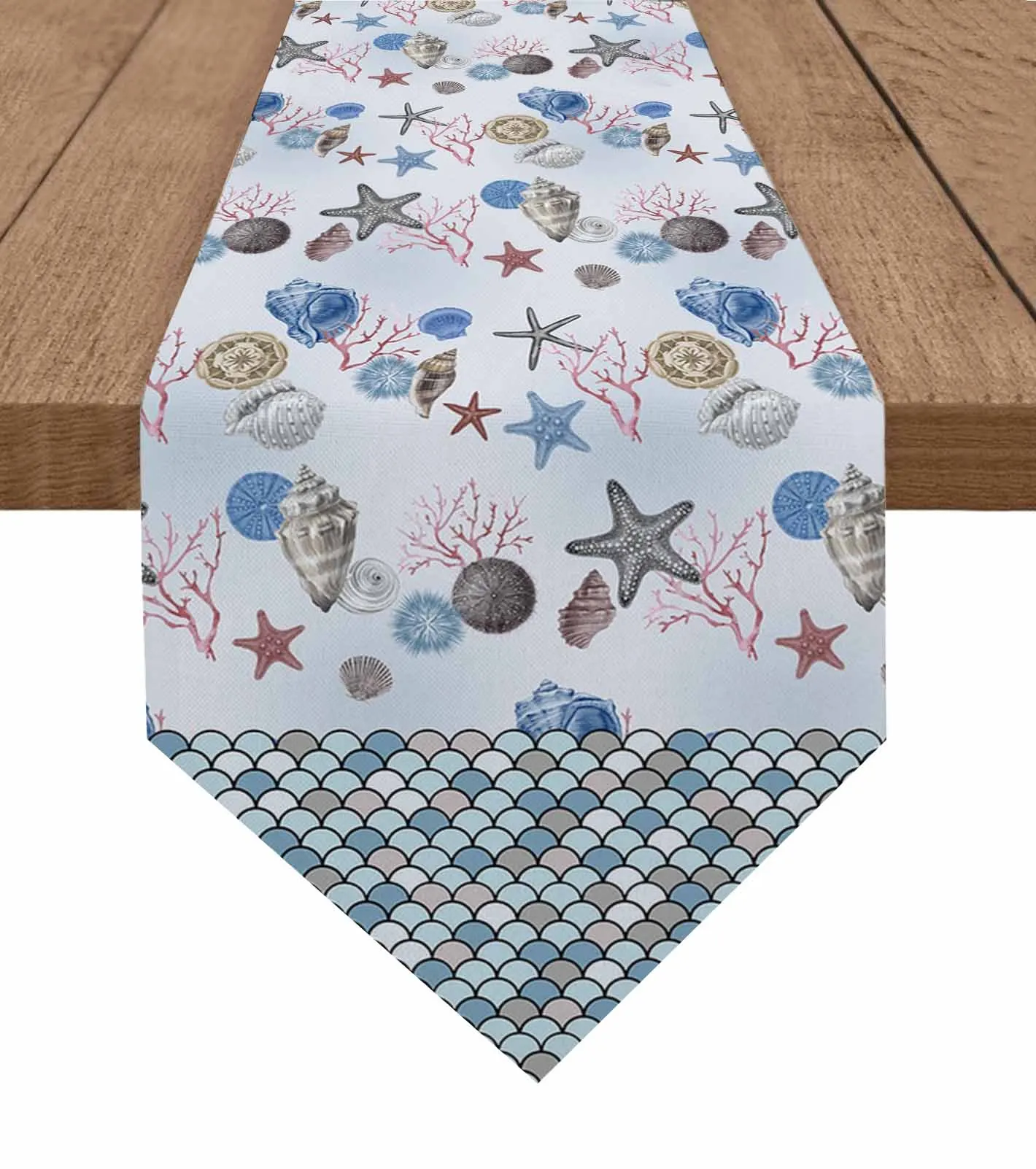 

Ocean Shell Starfish Fish Scales Table Runner Wedding Holiday Party Decoration Tablecloth Summer Kitchen Dining Table Runner